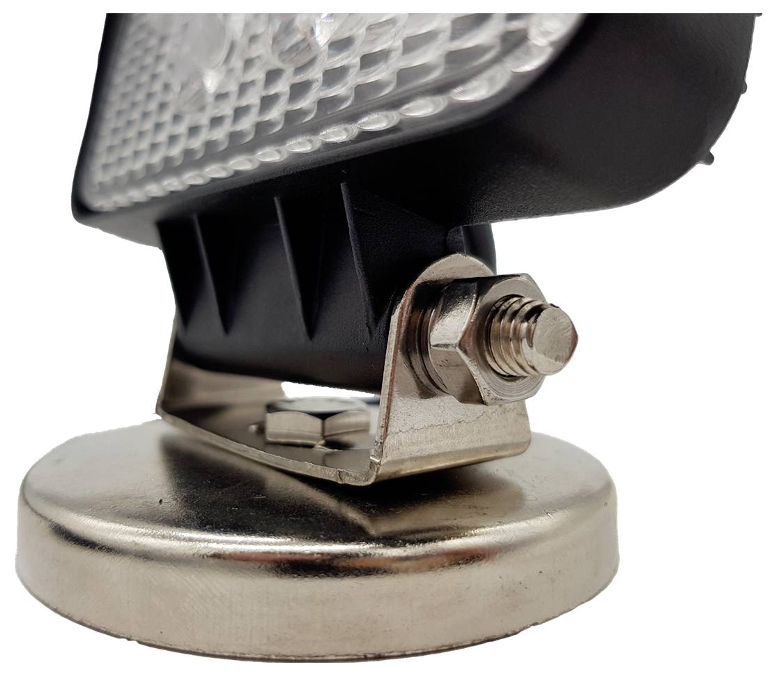 Gros plan d'un kit de montage pour un projecteur LED. Il montre le support métallique avec sa vis et son filetage sur un socle circulaire.