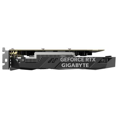 Carte graphique de la marque Gigabyte portant l'inscription 'GEFORCE RTX'. Vue de côté avec les connexions et les ailettes de refroidissement visibles.