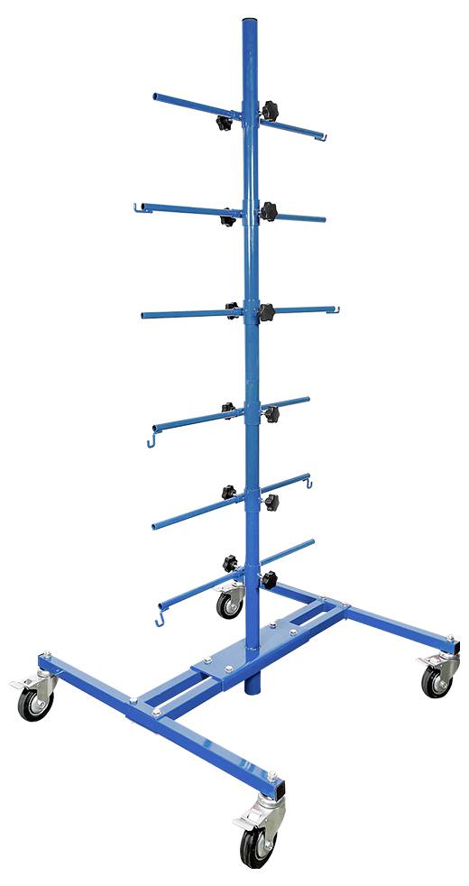 Support bleu, pivotant, avec huit bras horizontaux disposés en deux rangées, adapté pour le stockage ou la présentation.