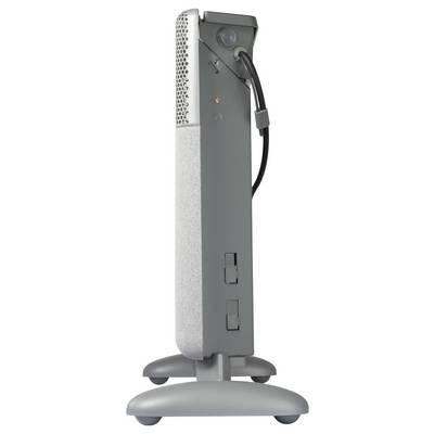 Un radiateur gris vertical avec des pieds de support et une grille d'aération en partie supérieure. Un câble est fixé à l'arrière.