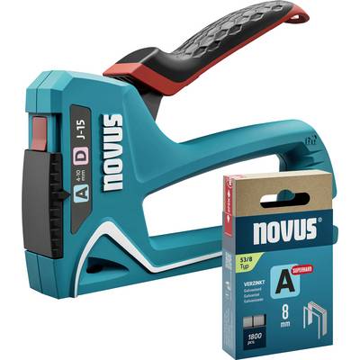 'Un Novus-Tacker J-15 en bleu, présenté avec un pack d'agrafes de 8 mm, type A. Adapté à divers matériaux.'
