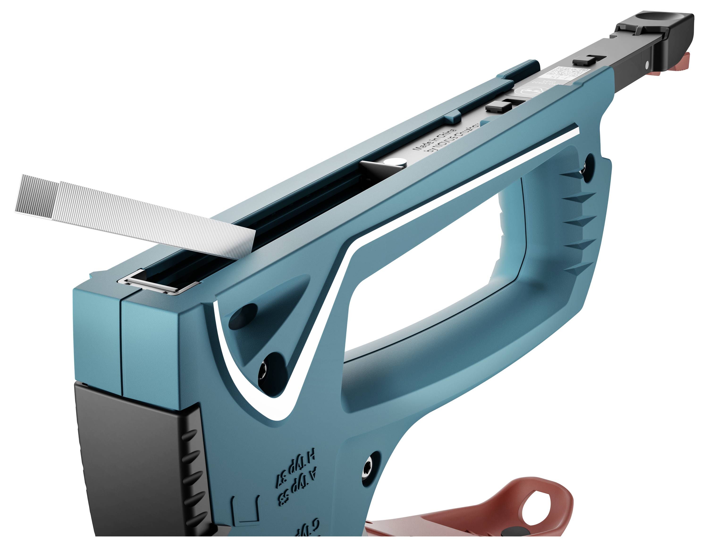 Un pistolet à agrafes bleu avec une bande d'agrafes insérée, prêt à être utilisé.