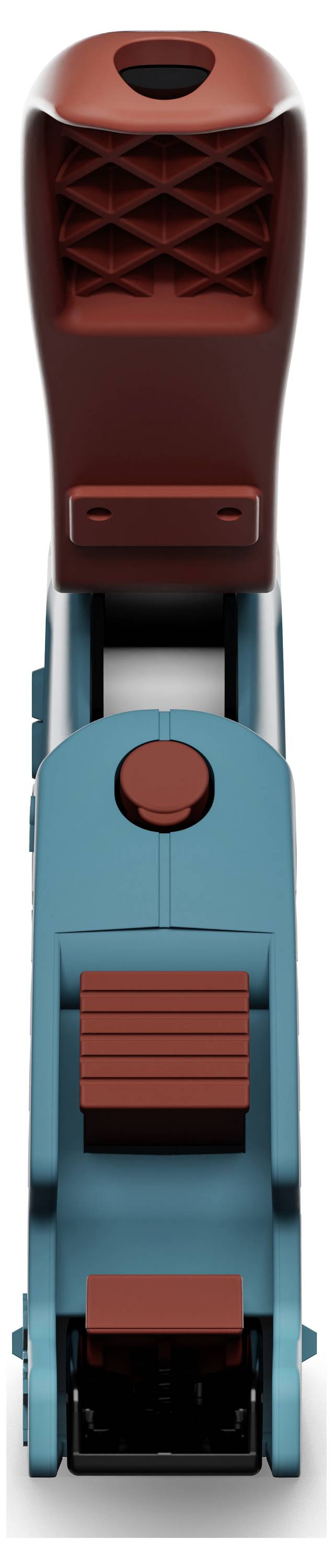 Vue d'un tendeur à cliquet de dessus. La poignée est rouge, le levier et la base sont de couleur turquoise.