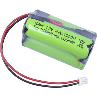 Batterie NiMH verte, 1,2 V, avec des câbles rouges et noirs et un connecteur blanc. Capacité : Typiquement 1500 mAh, au minimum 1425 mAh.