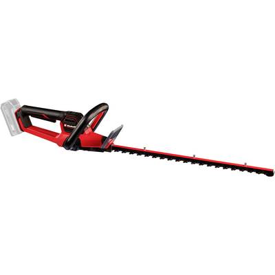 Taille-haie électrique rouge et noir avec lame crantelée longue et poignée avant, présenté sur fond blanc.