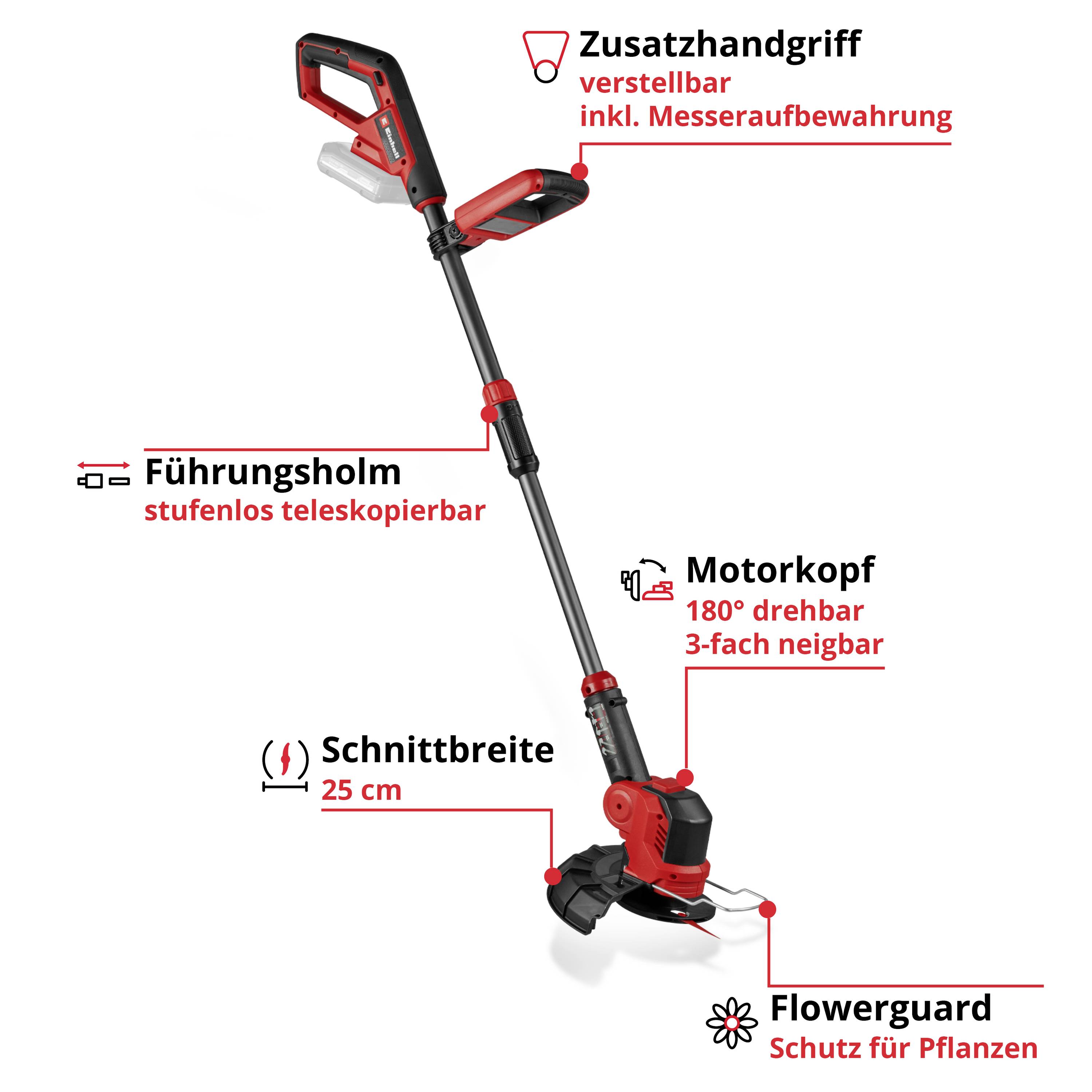 Un coupe-bordures télescopique avec poignée supplémentaire réglable, tête motrice pivotante et inclinable, largeur de coupe de 25 cm et protection des plantes.