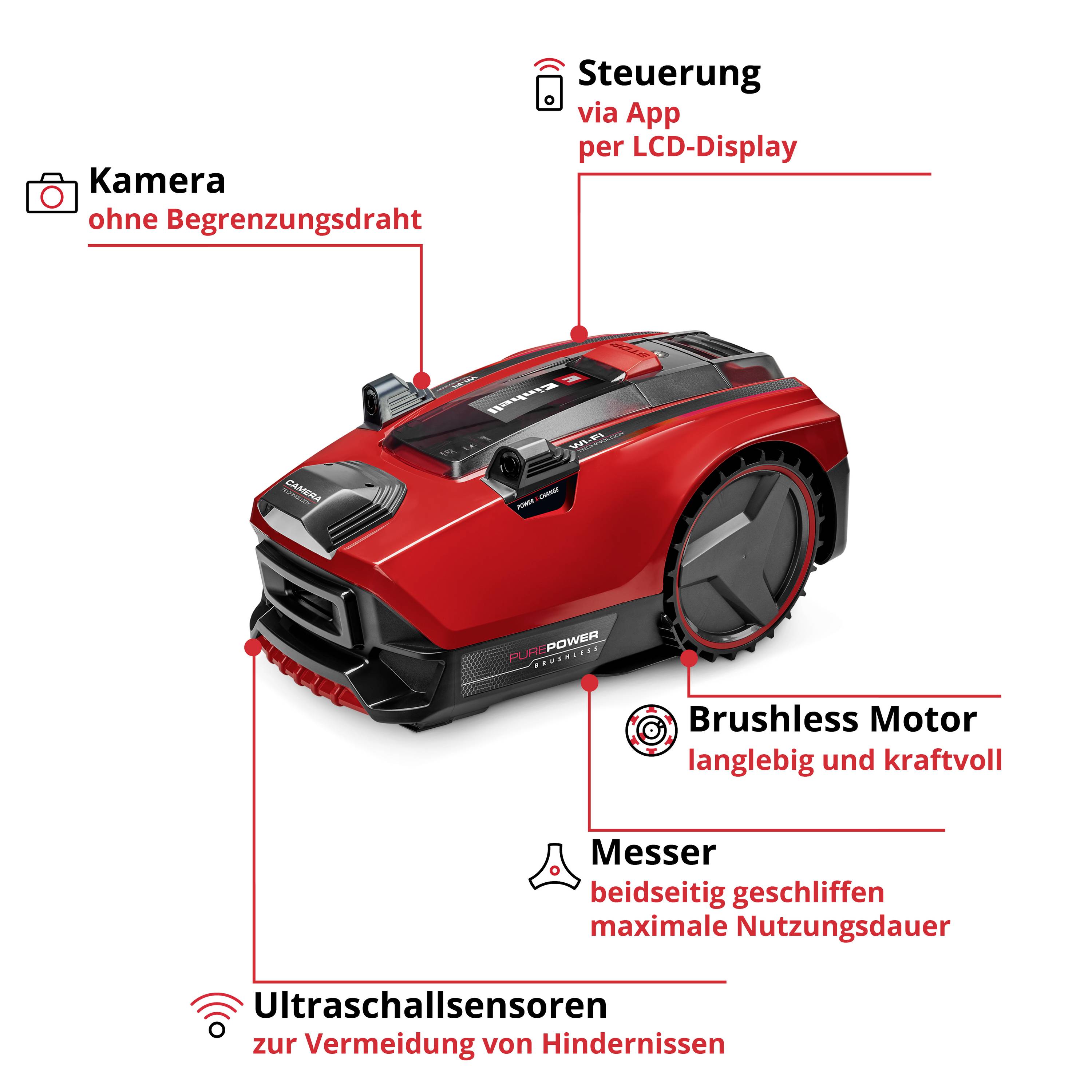 Robot tondeuse compact rouge, équipé d'une caméra, contrôlable via application mobile ou écran ; comprenant un moteur brushless, des lames bidirectionnelles, des capteurs à ultrasons.
