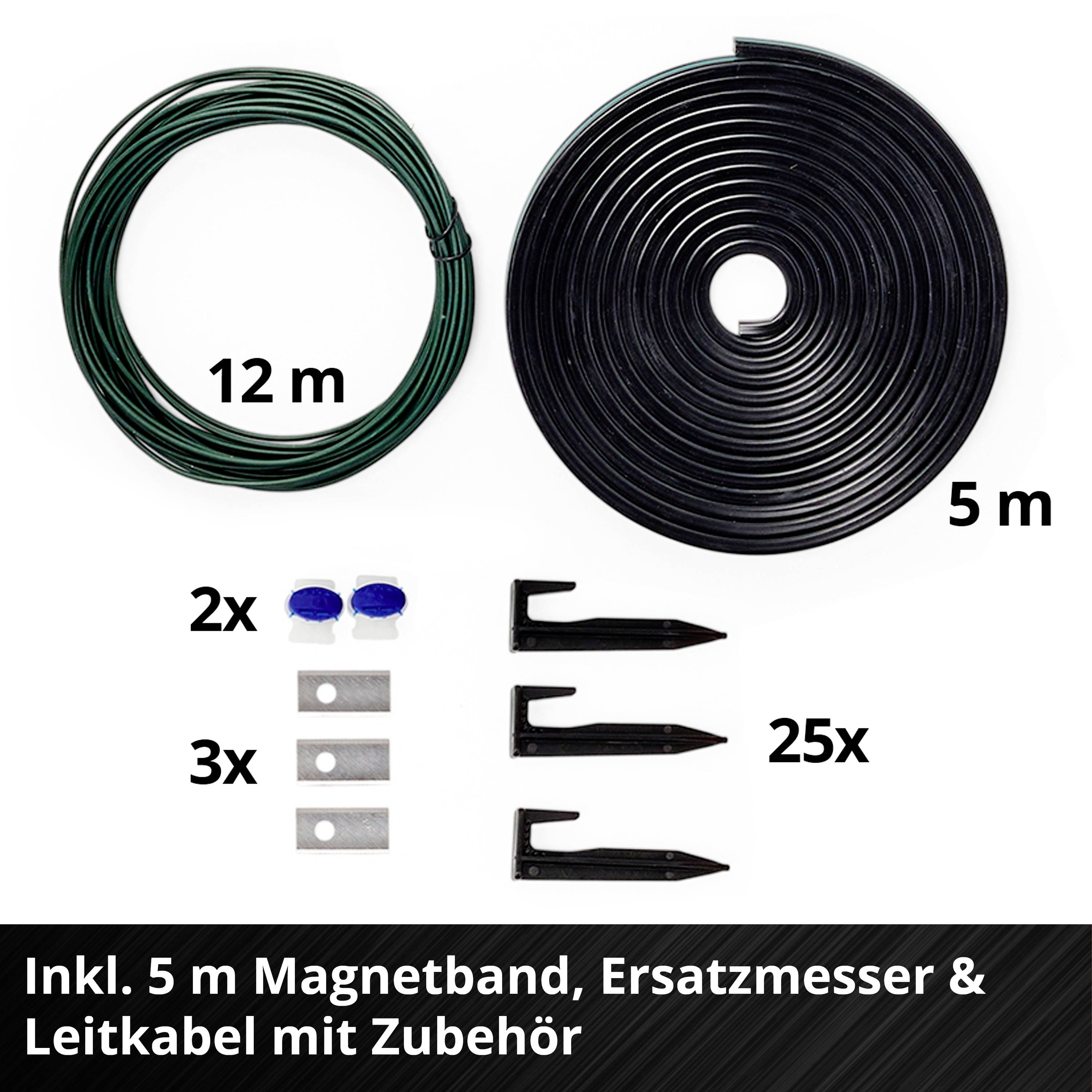 L'illustration montre un câble vert de 12 m, un ruban magnétique noir de 5 m, 2 connecteurs, 3 lames, et 25 supports. Accessoires pour tondeuse robot.