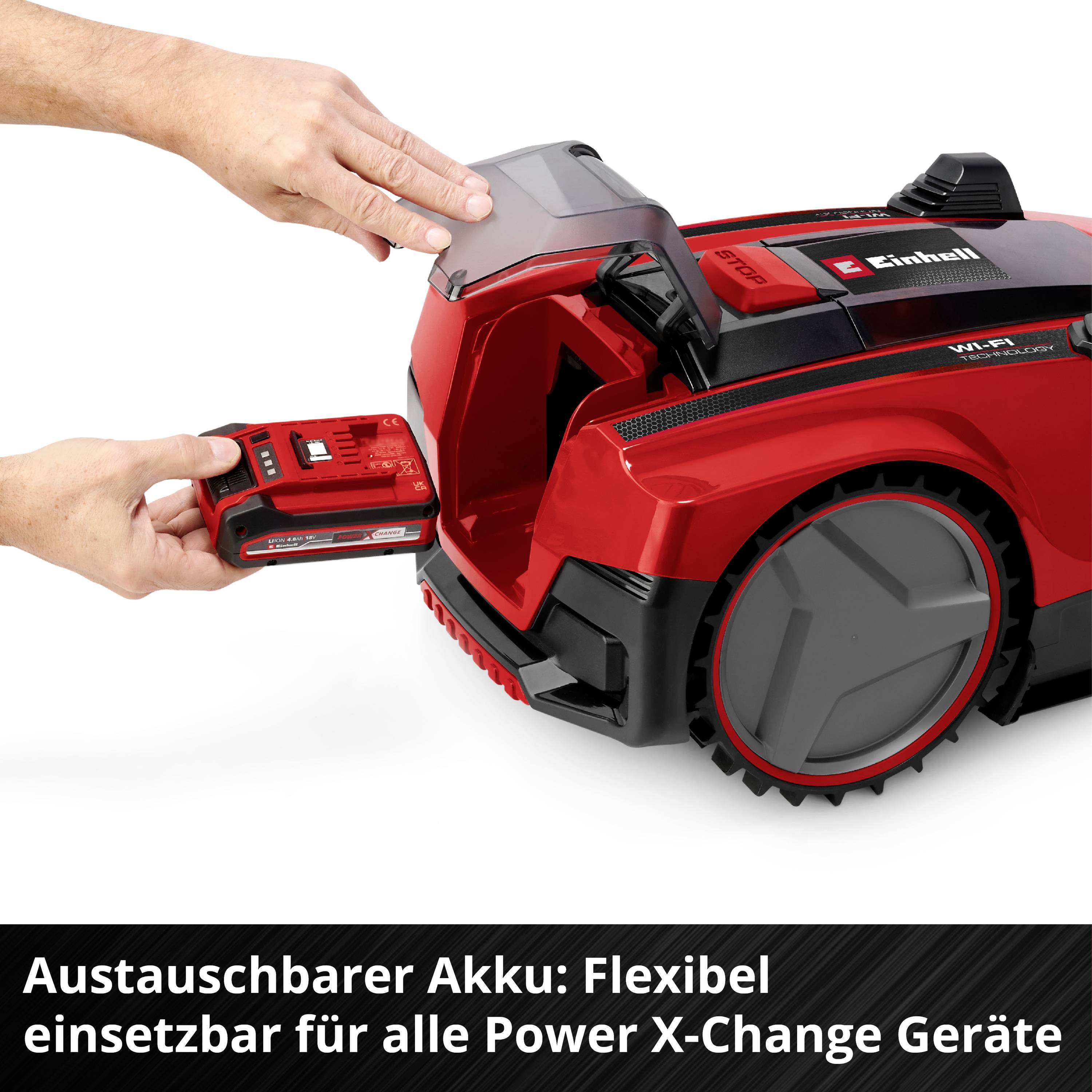 Tondeuse rouge avec batterie amovible, promettant de la flexibilité. Texte : 'Batterie interchangeable : Compatible avec tous les appareils Power X-Change'.
