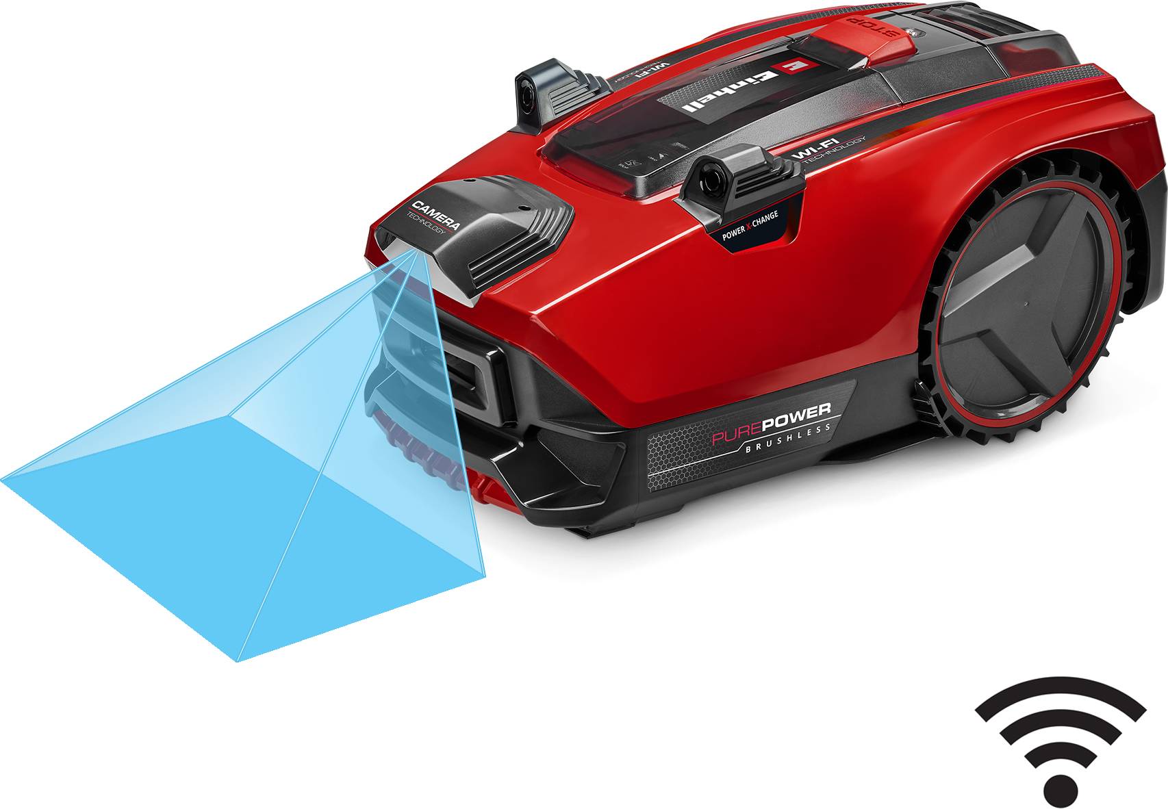 Un robot tondeuse rouge avec fonction WiFi numérise l'environnement à l'aide d'un faisceau lumineux bleu.