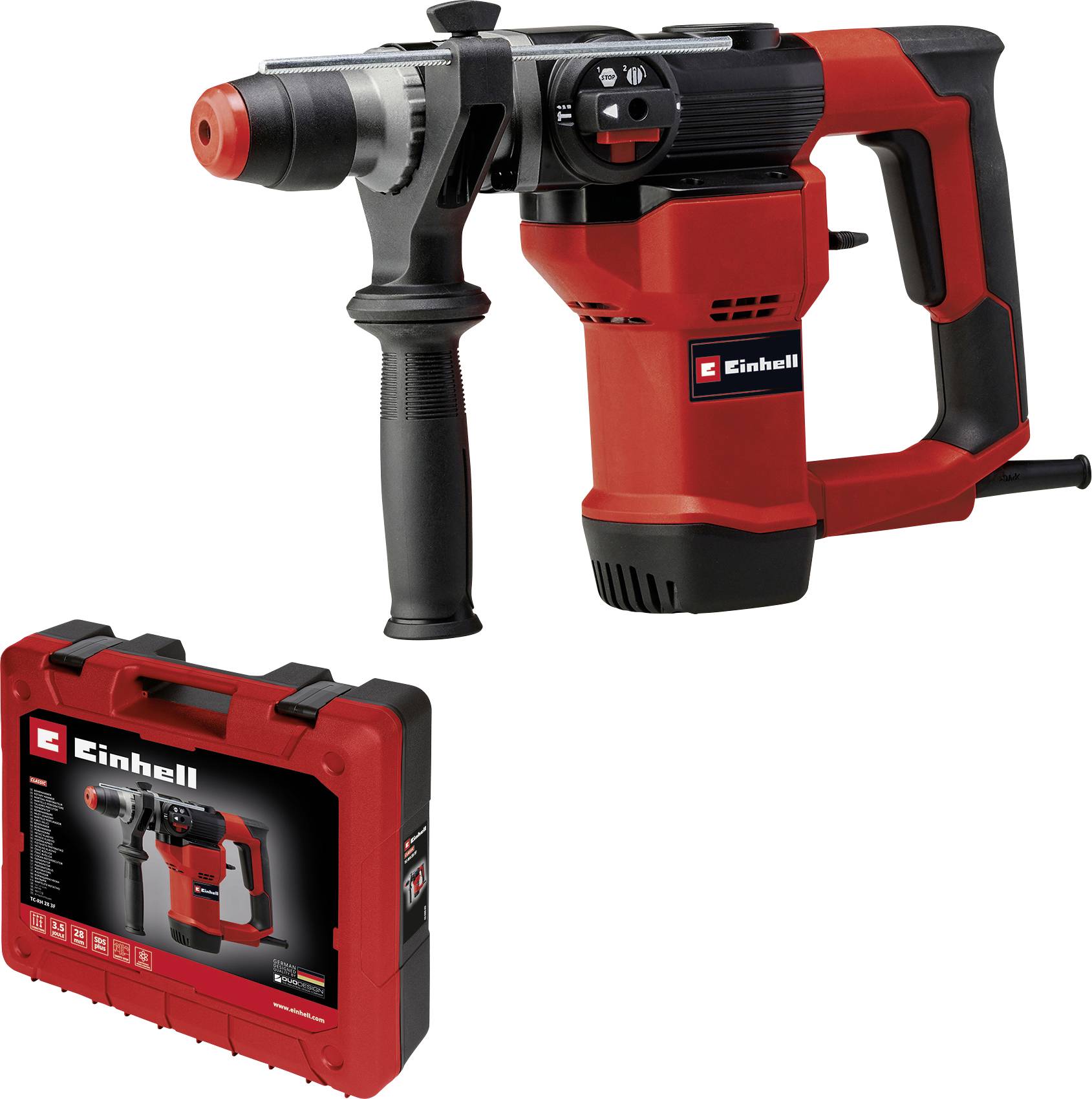 Un marteau-piqueur Bosch rouge avec une poignée noire et un mode d'emploi, à côté d'un coffret de transport assorti.