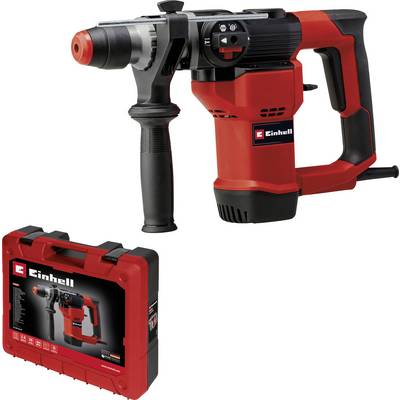 Un marteau-piqueur Bosch rouge avec une poignée noire et un mode d'emploi, à côté d'un coffret de transport assorti.