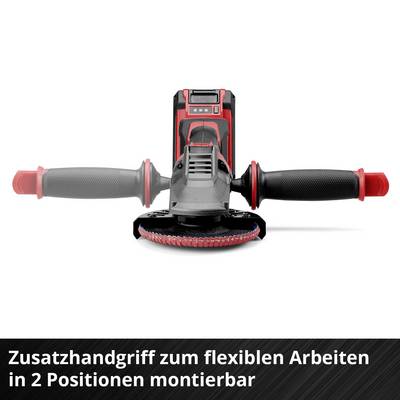 Outil électrique avec poignée supplémentaire. Accents rouges. Accessoires pour un travail flexible, montable en deux positions.