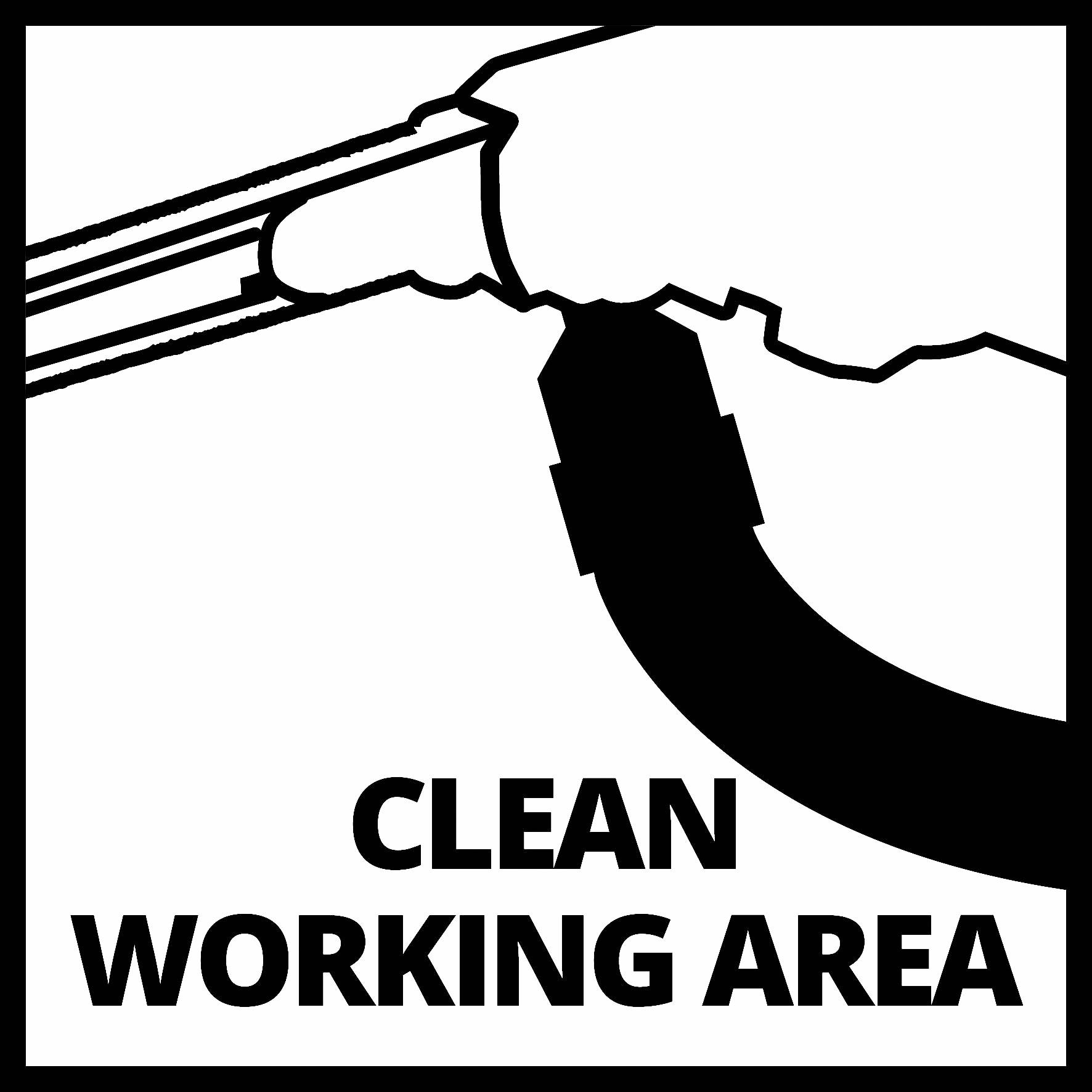 'Signe avec un symbole d'une main avec un outil, relié à un aspirateur. Texte : Zone de Travail Propre'