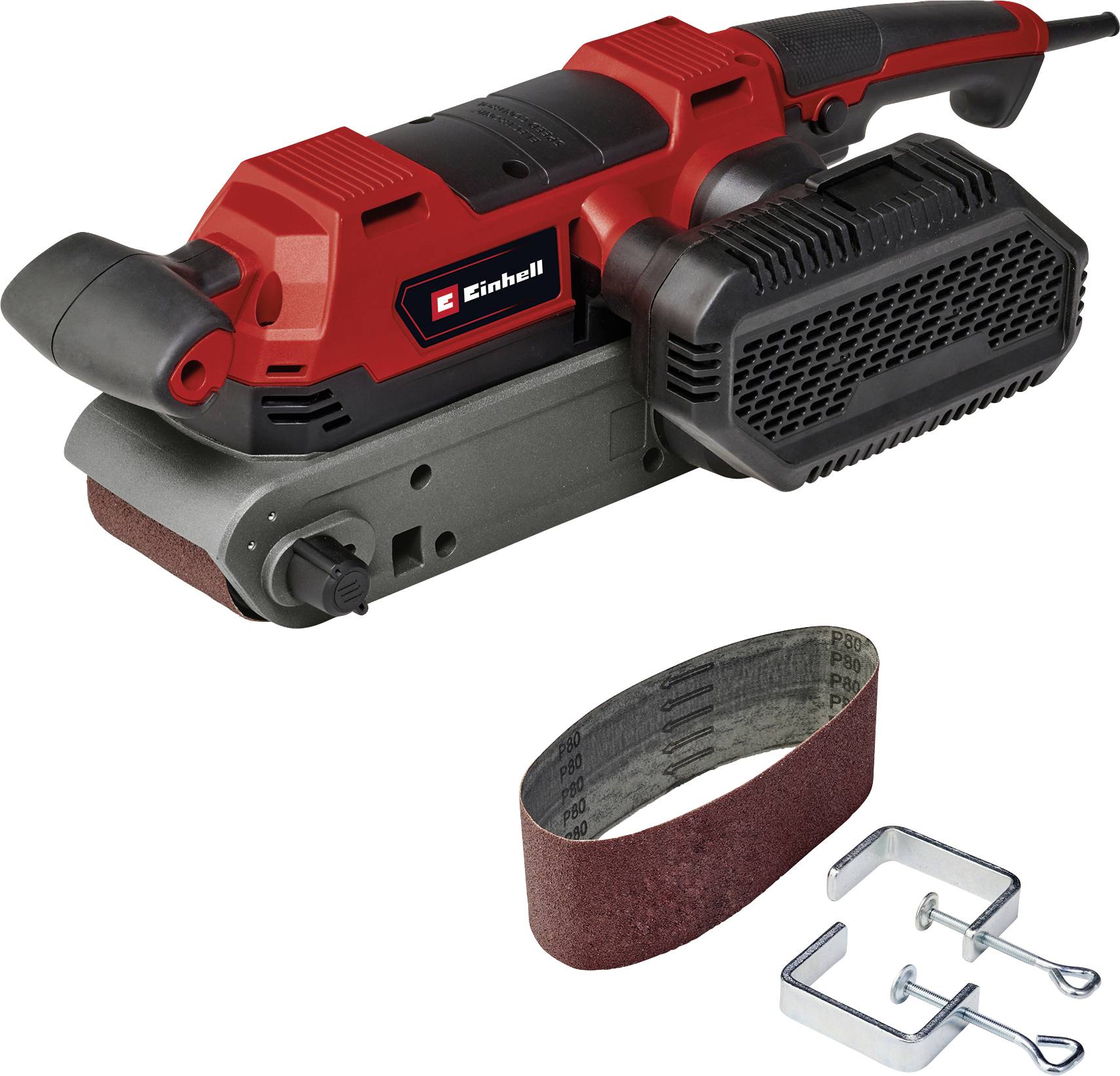 Un ponçage à bande rouge avec des accessoires tels que le ruban de ponçage et les supports, adapté pour le travail du bois et des métaux.