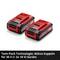 Deux batteries rouges portant l'inscription « Technologie Twin-Pack : Couplage des batteries pour appareils 36 V (= 2x 18 V) », sur fond noir.