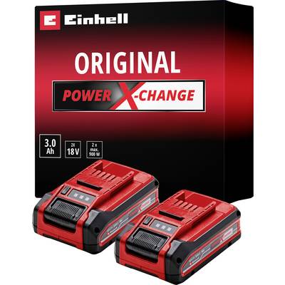 Quatre batteries Einhell Power X-Change rouges avec 18V et une capacité de 4,0Ah, chacune avec un boîtier noir et des étiquettes, sur un fond blanc.