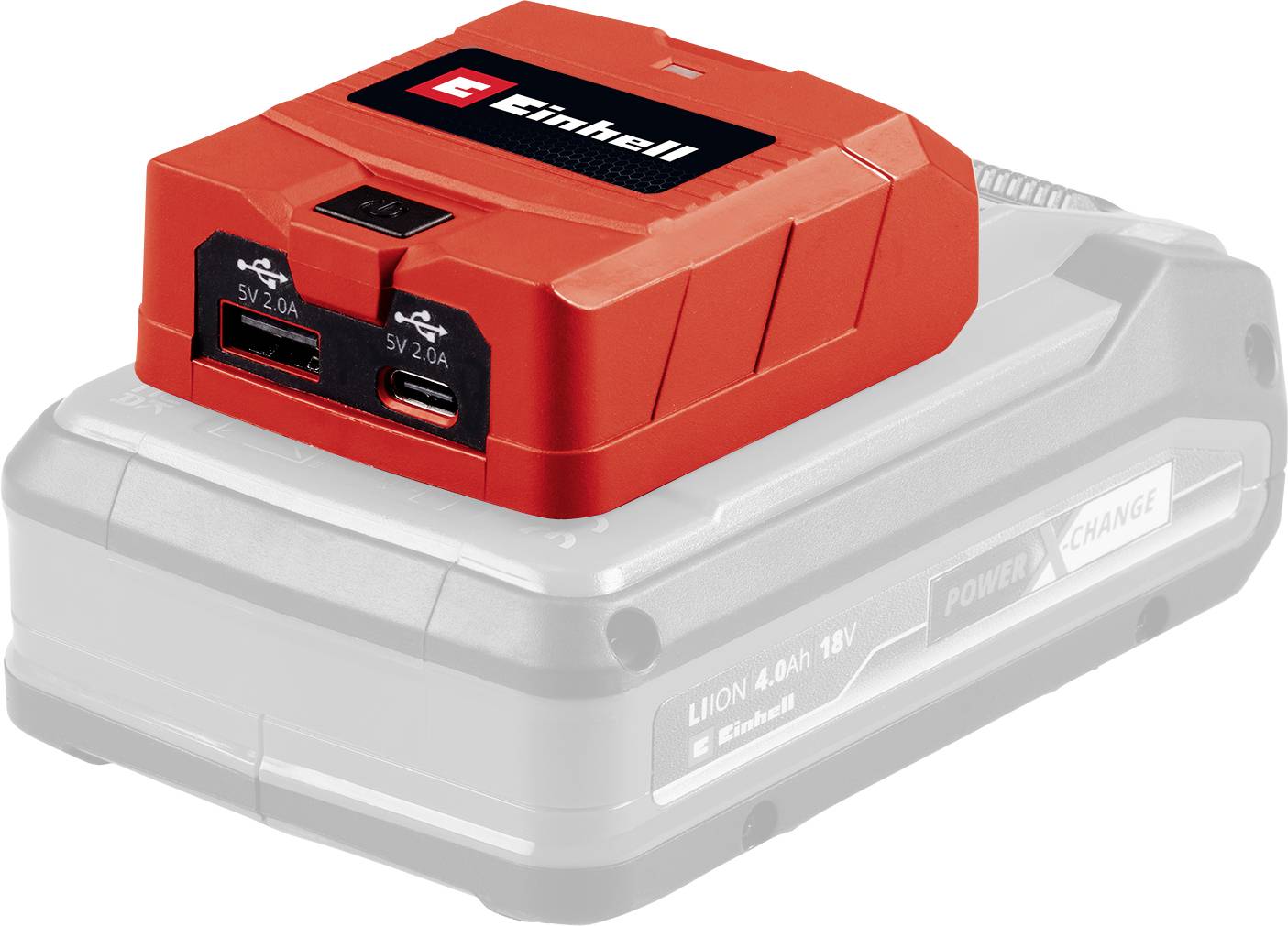 Un adaptateur USB rouge de la marque Einhell avec deux ports USB est posé sur une batterie.