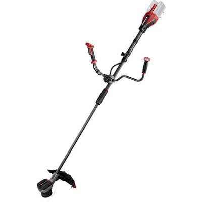 Tondeuse sans fil pour gazon au design rouge et noir, avec poignée ergonomique et batterie interchangeable, adaptée aux travaux de jardinage.