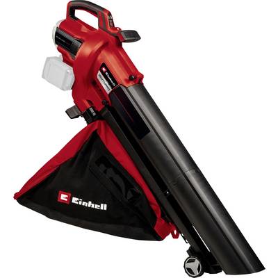 Un souffleur de feuilles rouge avec un tube noir et un sac de collecte, de la marque 'Einhell'. Adapté aux travaux de jardinage.