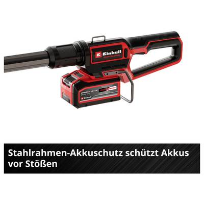 Protection de batterie avec cadre en acier sur un appareil Einhell Power X-Change ; Texte : « La protection de batterie avec cadre en acier protège les batteries contre les chocs ».