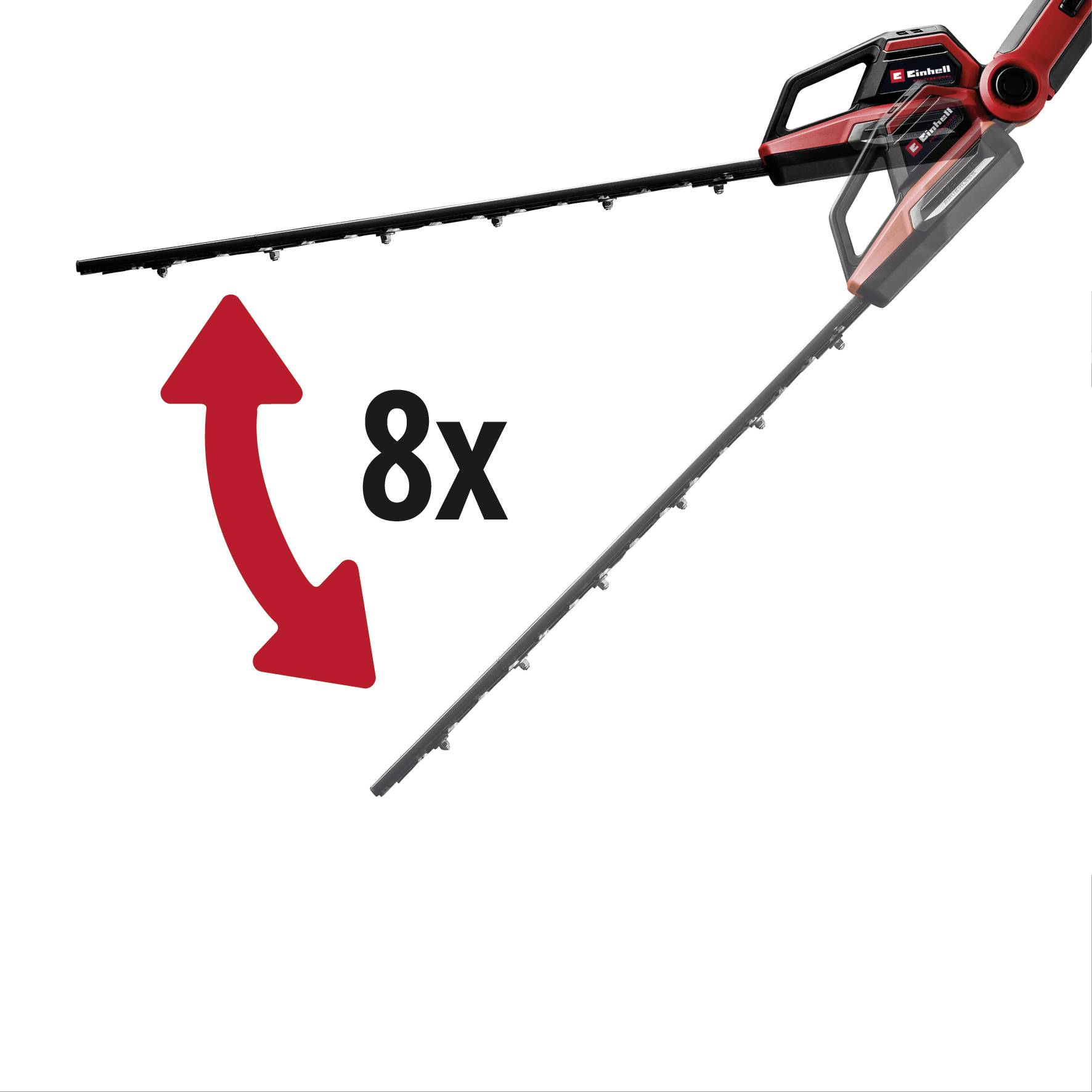 Un taille-haie à batterie avec moteur en haut, au design noir et rouge, et un symbole indiquant une extension octuple.