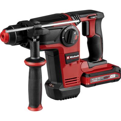 Un marteau perforateur sans fil rouge avec une poignée noire et le logo Einhell. Il est équipé d'un système de fixation SDS-Plus.