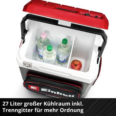 Glacière avec bouteilles et pomme. Texte : 'Espace de refroidissement de 27 litres avec cloison de séparation pour plus d'organisation'.