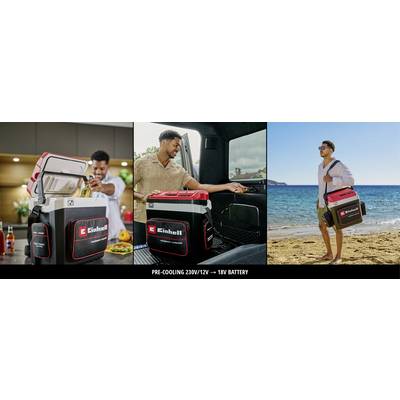 'Trois images : À gauche, un homme ouvre un réfrigérateur portable dans la cuisine, au centre, un homme place le réfrigérateur portable dans une voiture, à droite, un homme porte le réfrigérateur portable sur la plage.'