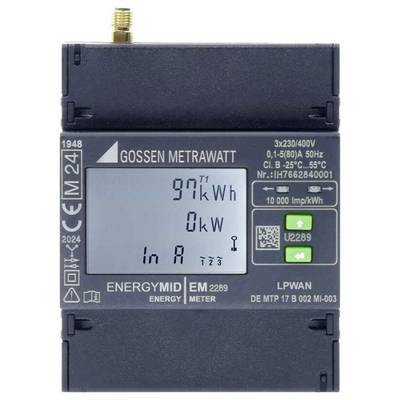 Compteur électrique avec affichage indiquant une consommation de '97 kWh' et une consommation actuelle de '0 kW'. Fabricant : Gossen Metrawatt. Modèle : ENERGIMID EM 2289.