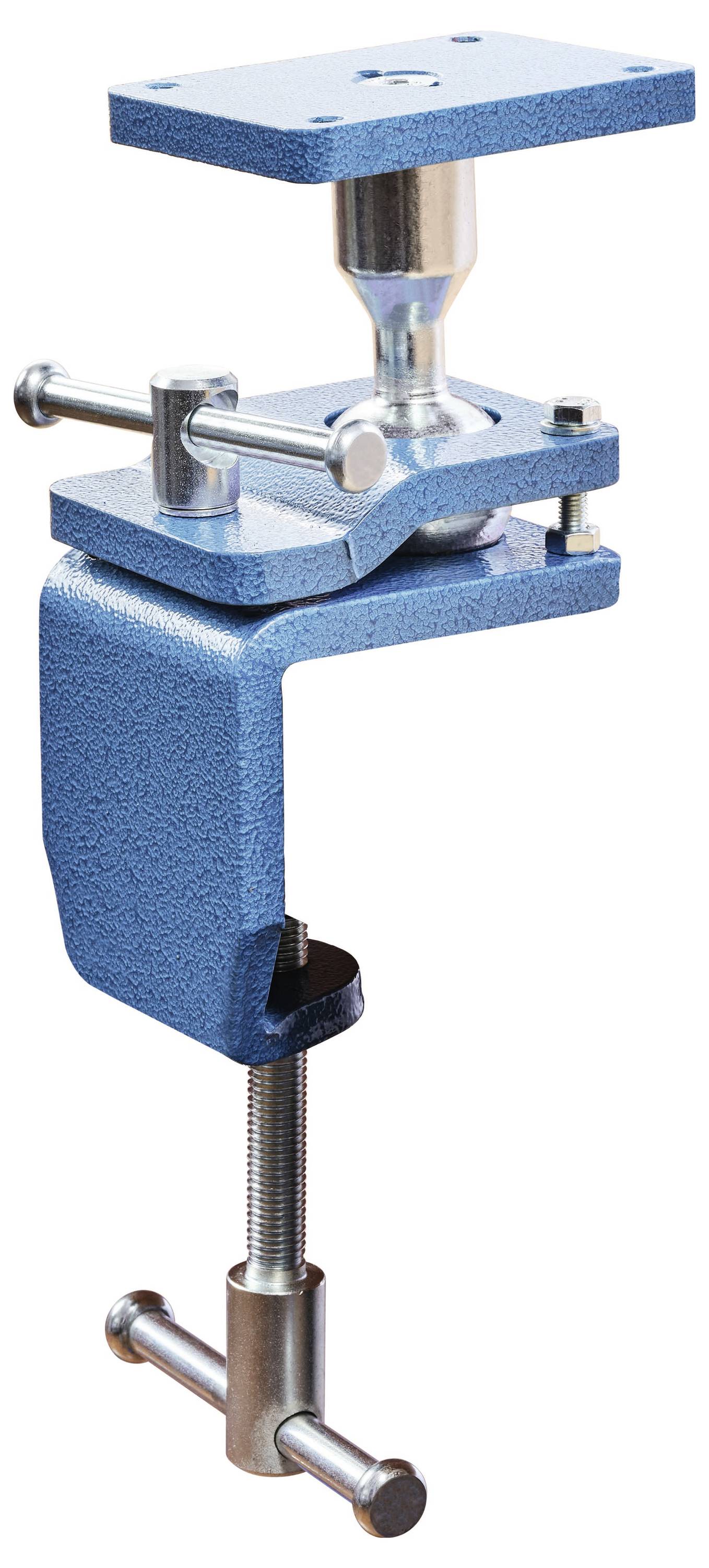 Étau de table métallique avec pince et base pivotante, permettant de fixer en toute sécurité des pièces pour un travail précis.