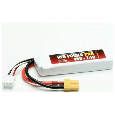Batterie rechargeable Lithium-Polymère 'Red Power PRO' de 450 mAh et 7,4 V. Présente des câbles de connexion noirs et rouges.