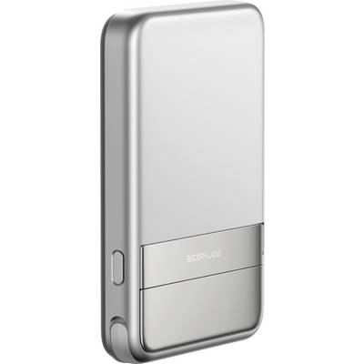 Batterie externe argentée portable avec un design rectangulaire fin et un bouton sur le côté. Le nom de marque 'EcoFlow' est inscrit en dessous.