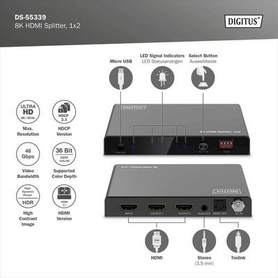Digitus DS-55339 1+2 ports Répartiteur HDMI boîtier métallique, affichage LED, avec LEDs de statut, pour une utilisation-4