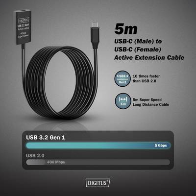 Digitus Câble USB-C USB 3.2 Gen1, USB 3.2 Gen1, USB 3.0 USB-C®, USB-C® femelle, USB-C® mâle 5.00 m noir actif avec ampli-3