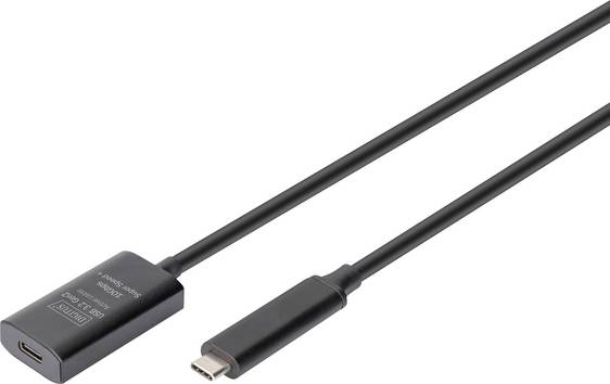 Digitus Câble USB  USB 3.2 Gen2, USB 3.2 Gen2, USB 3.2 Gen1, USB 3.2 Gen1, USB 3.1 Gen2, USB 3.1 Gen1, USB 3.0 USB-C®, USB-C® femelle, USB-C® mâle 5.00 m noir actif avec amplification du signal, connecteur utilisable des deux cotés, blindage double, flexible, blindé, avec manchon de protection contre les pliages, avec USB, avec rallonge DA-73112