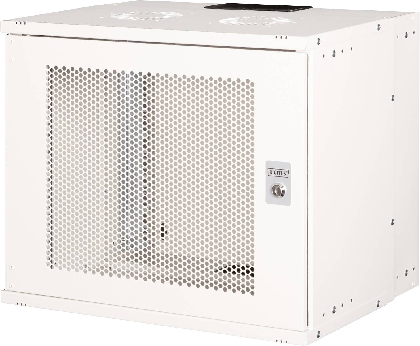 Un boîtier métallique blanc avec une façade perforée pour la ventilation et un mécanisme de verrouillage sécurisé sur le côté droit, utilisé pour loger des équipements électroniques.