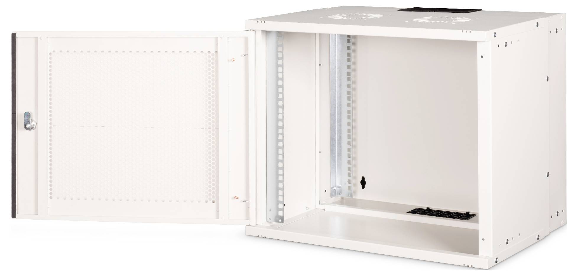 Une armoire de rack serveur blanc montée au mur, avec une porte avant ouverte, révélant des rails de montage internes et des trous de ventilation sur le dessus.