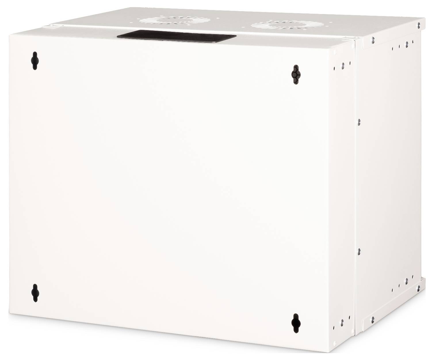 Un boîtier rectangulaire blanc en métal avec des vis noires aux angles et des évents de ventilation sur le dessus, utilisé pour loger des équipements ou des composants électroniques.