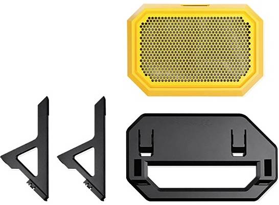 Enceinte portable jaune, deux supports noirs et un support noir ; adapté aux activités de plein air.