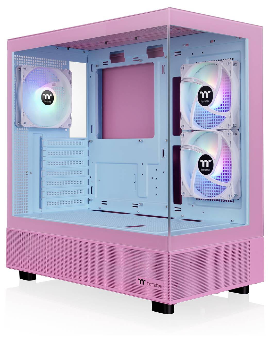 Un boîtier d'ordinateur rose avec des fentes de ventilation sur les côtés. Aucun détail ou marquage distinctif n'est visible.