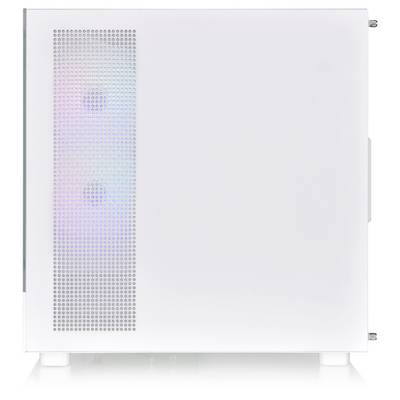 Un boîtier d'ordinateur blanc avec une fenêtre latérale transparente montre deux ventilateurs colorés installés et un espace intérieur spacieux pour les composants.