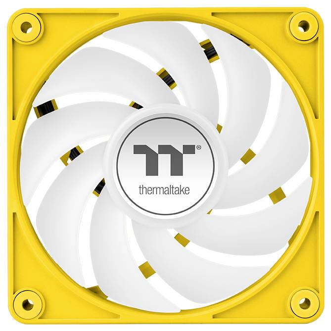 Un ventilateur d'ordinateur jaune de Thermaltake avec des pales blanches et incurvées. Le logo de la marque est représenté au centre.