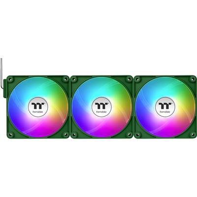 'Trois ventilateurs Thermaltake avec éclairage RVB dans un boîtier vert, disposés en rangée horizontale.'