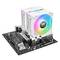 Une carte mère noire avec deux grands dissipateurs CPU blancs, contenant des ventilateurs RGB colorés. Différents ports sont également présentés.