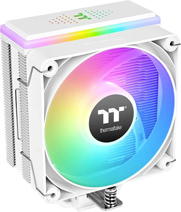 Un ventilateur d'ordinateur blanc avec éclairage RVB affiche un dégradé arc-en-ciel coloré. Le logo 'Thermaltake' est visible au centre.