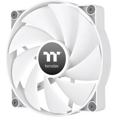 Ventilateur d'ordinateur blanc avec le logo Thermaltake gris au centre, monté dans un boîtier carré. Principalement utilisé pour le refroidissement.