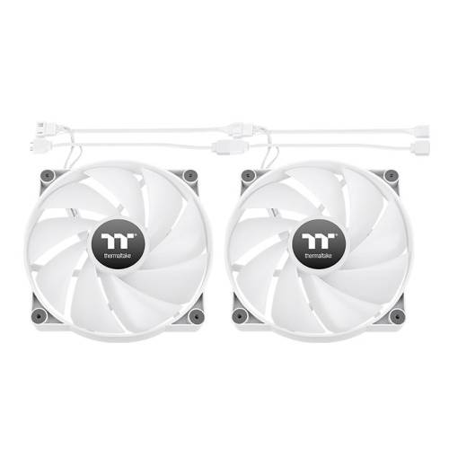 Deux ventilateurs blancs avec un logo de marque au centre, reliés par un câble blanc. Principalement adaptés aux boîtiers d'ordinateur.