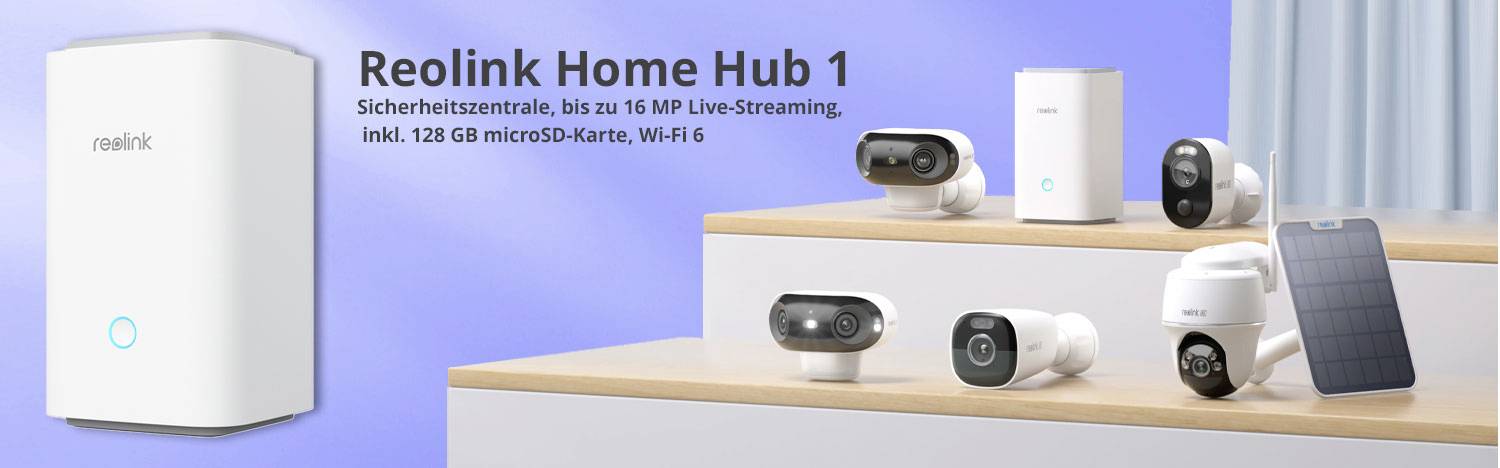 Publicité du 'Reolink Home Hub 1' présentant un centre de sécurité et différentes caméras, soulignant le streaming en direct 16 MP, la carte microSD 128 Go, et le Wi-Fi 6.