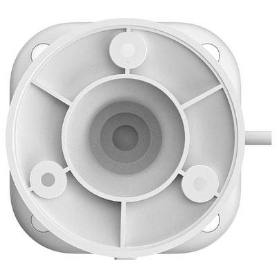L'image montre l'arrière d'une webcam blanche avec des motifs circulaires et radiaux.